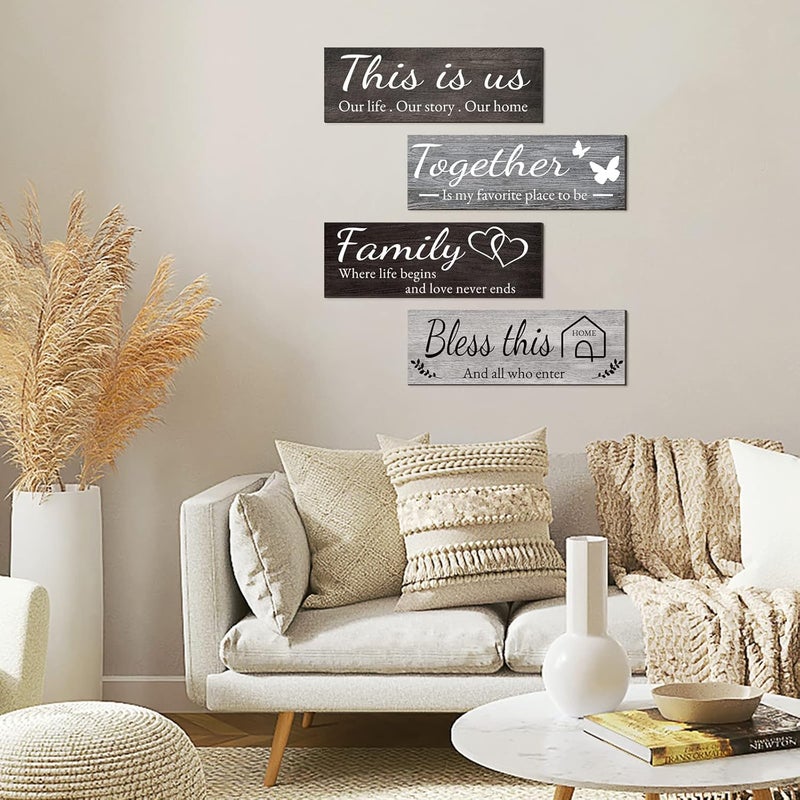 Joyhawk 4 Pieces Home Wall Decor Signs, THIS IS US/TOGETHER/BLESS THIS HOME/FAMILY Wall Decor For Living Room Bedroom, Rustic Wooden Farmhouse Wall Art Decor, 4.7 x 13.8 Inch(Mixed Color) - Image 4